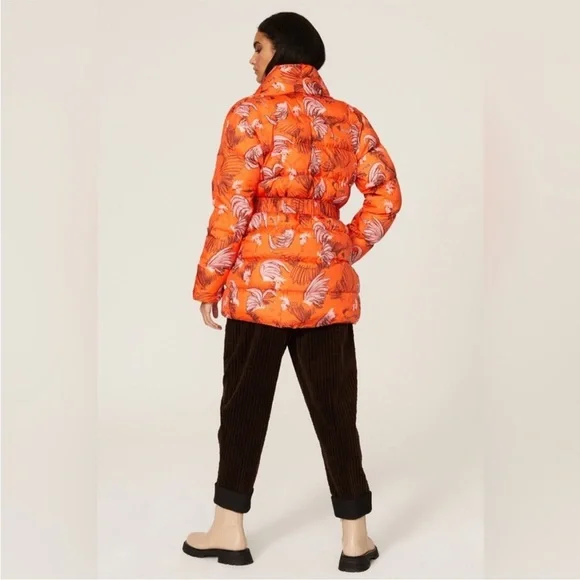 Rachel Antonoff Midi-Length Toni Puffer Jacket Orange Roaster Print - Picture 15 of 16